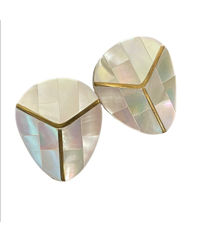 Vintage mosaic mother of pearl with gold finish chunky earrings