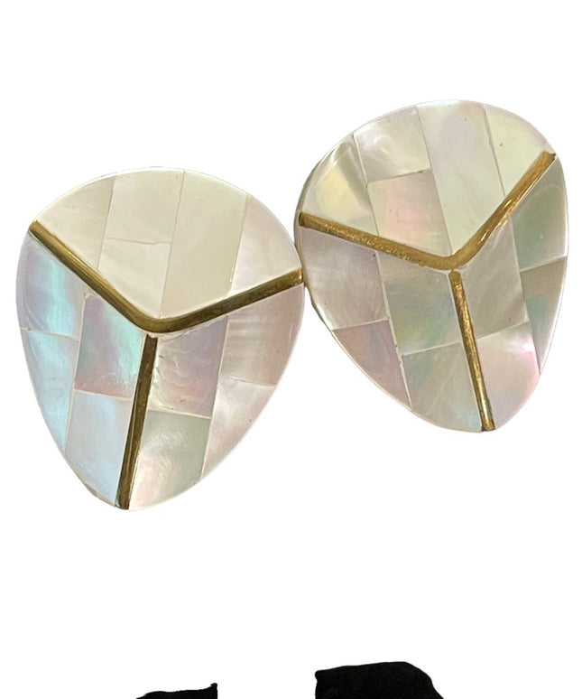 Vintage mosaic mother of pearl with gold finish chunky earrings