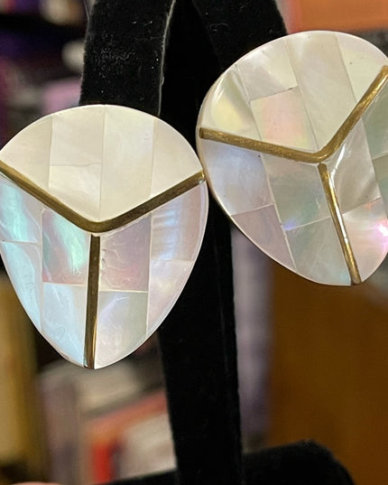 Vintage mosaic mother of pearl with gold finish chunky earrings
