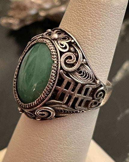 Antique Chinese Sterling silver 925 filagree good luck Jade ring export RARE