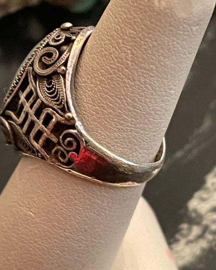Antique Chinese Sterling silver 925 filagree good luck Jade ring export RARE
