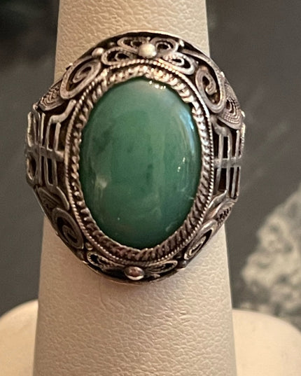 Antique Chinese Sterling silver 925 filagree good luck Jade ring export RARE