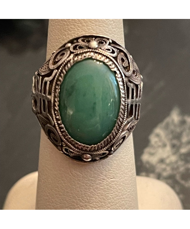 Antique Chinese Sterling silver 925 filagree good luck Jade ring export RARE