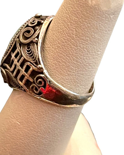 Antique Chinese Sterling silver 925 filagree good luck Jade ring export RARE