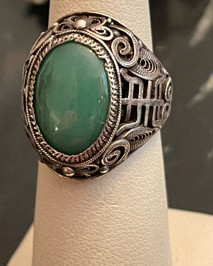 Antique Chinese Sterling silver 925 filagree good luck Jade ring export RARE