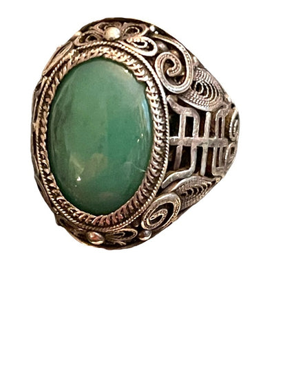 Antique Chinese Sterling silver 925 filagree good luck Jade ring export RARE