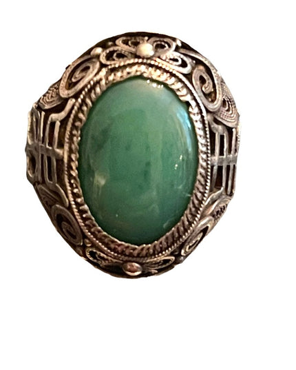 Antique Chinese Sterling silver 925 filagree good luck Jade ring export RARE