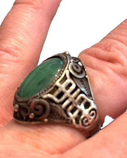 Antique Chinese Sterling silver 925 filagree good luck Jade ring export RARE