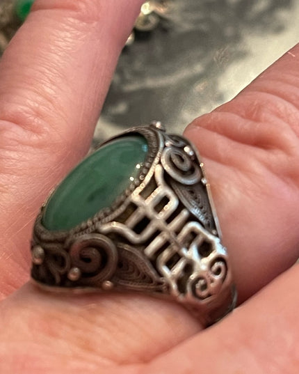 Antique Chinese Sterling silver 925 filagree good luck Jade ring export RARE