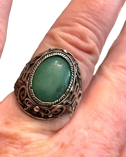 Antique Chinese Sterling silver 925 filagree good luck Jade ring export RARE