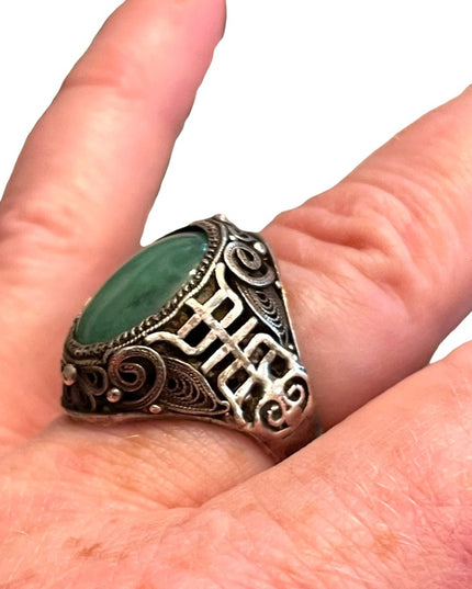 Antique Chinese Sterling silver 925 filagree good luck Jade ring export RARE