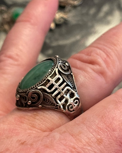 Antique Chinese Sterling silver 925 filagree good luck Jade ring export RARE