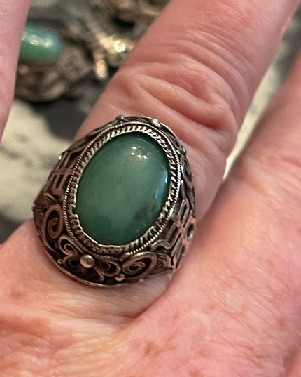 Antique Chinese Sterling silver 925 filagree good luck Jade ring export RARE