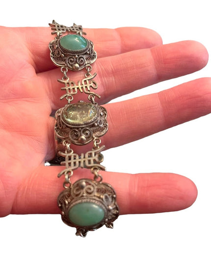 Antique sterling silver jade filagree good luck symbol ULTRA RARE bracelet