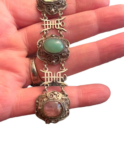 Antique sterling silver jade filagree good luck symbol ULTRA RARE bracelet