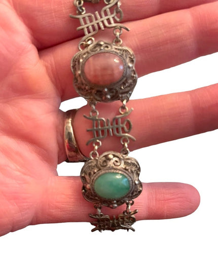 Antique sterling silver jade filagree good luck symbol ULTRA RARE bracelet