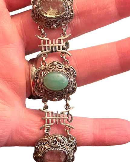 Antique sterling silver jade filagree good luck symbol ULTRA RARE bracelet