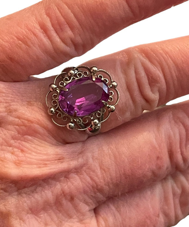 Vintage purple ice sterling silver 925 ornate filagree large ring
