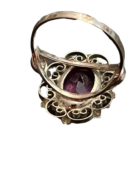 Vintage purple ice sterling silver 925 ornate filagree large ring