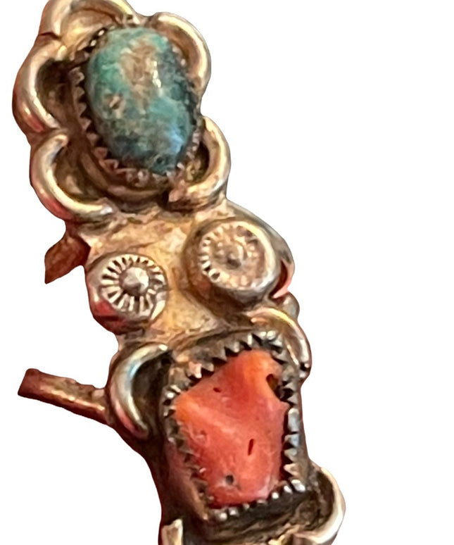 Vintage silver coral & torquois oblong southwestern ring Navajo
