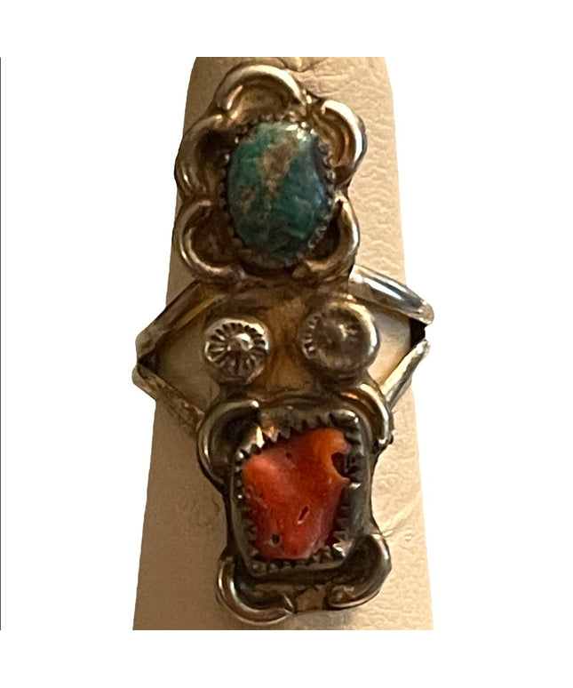 Vintage silver coral & torquois oblong southwestern ring Navajo