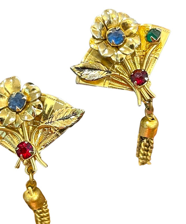 Vintage CORO gold plated multicolor crystal fan with flowers dangle earrings