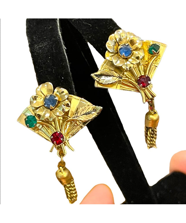 Vintage CORO gold plated multicolor crystal fan with flowers dangle earrings