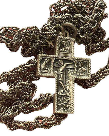 Antique Storybook cross religious bible crucifix silver HEAVY chain necklace