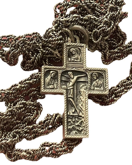 Antique Storybook cross religious bible crucifix silver HEAVY chain necklace