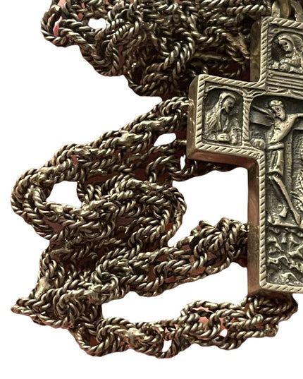 Antique Storybook cross religious bible crucifix silver HEAVY chain necklace