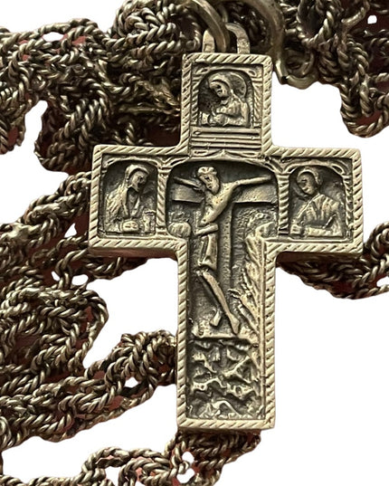 Antique Storybook cross religious bible crucifix silver HEAVY chain necklace