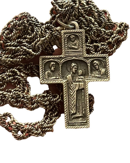 Antique Storybook cross religious bible crucifix silver HEAVY chain necklace