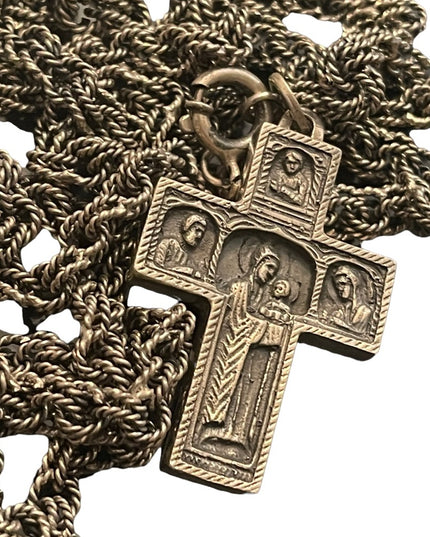 Antique Storybook cross religious bible crucifix silver HEAVY chain necklace