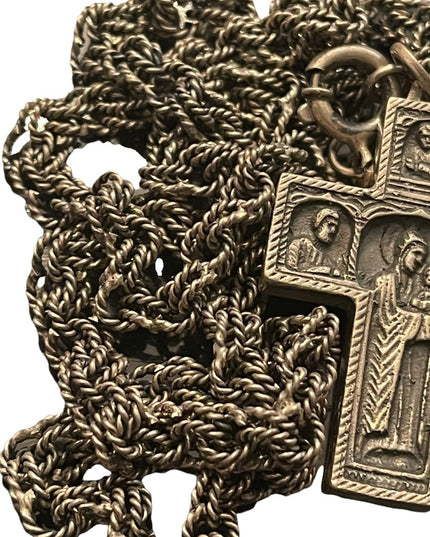 Antique Storybook cross religious bible crucifix silver HEAVY chain necklace