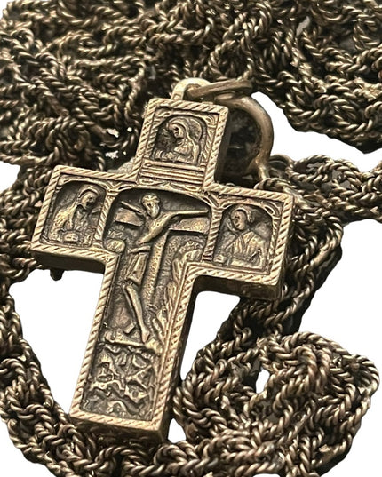 Antique Storybook cross religious bible crucifix silver HEAVY chain necklace