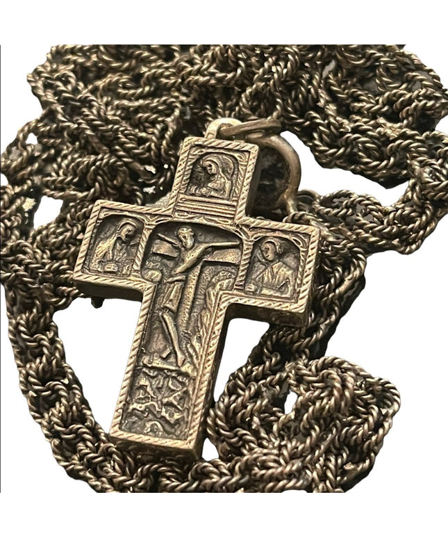 Antique Storybook cross religious bible crucifix silver HEAVY chain necklace