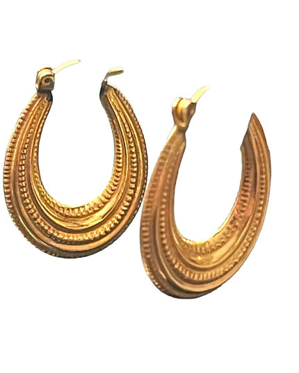 Vintage textured 14k gold oval hoop earrings
