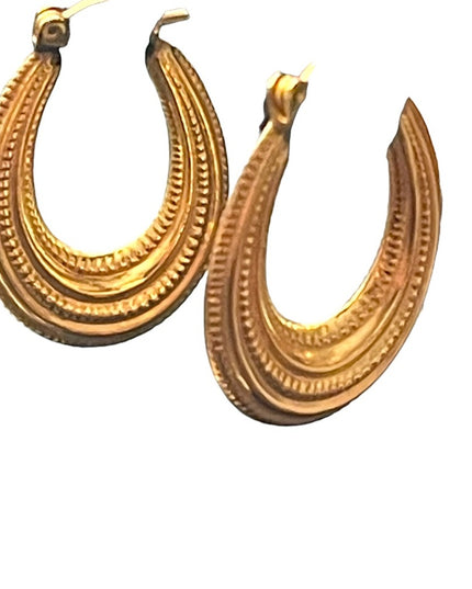 Vintage textured 14k gold oval hoop earrings