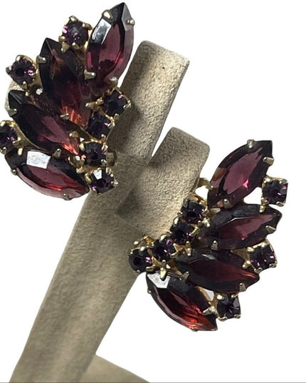 Vintage purple crystal fancy party gala wedding earrings clip on