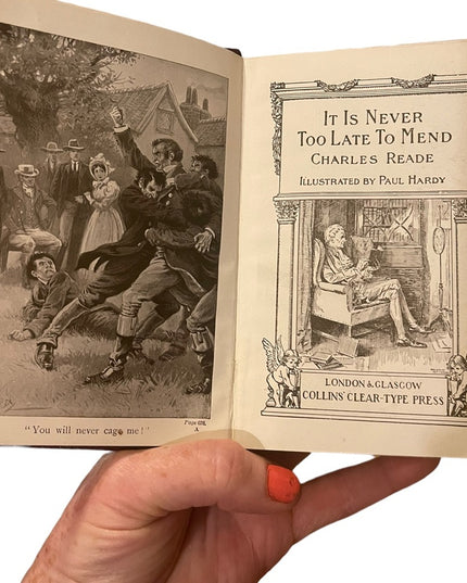 Antique red leather Collins UK book Its Never To Late to Mend Charles Reade VG