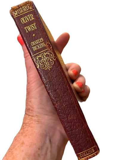 Antique 1920 UK Collins Red Leather Book Oliver Twist Charles Dickens Gold let
