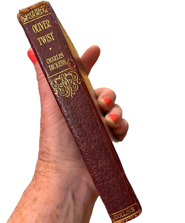 Antique 1920 UK Collins Red Leather Book Oliver Twist Charles Dickens Gold let