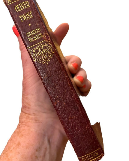 Antique 1920 UK Collins Red Leather Book Oliver Twist Charles Dickens Gold let