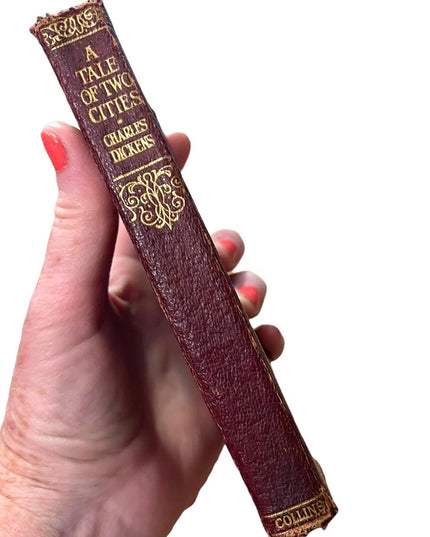Antique Collins UK 1920 Red Leather Book Tale of Two Cities Charles Dickens Gold