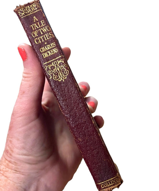 Antique Collins UK 1920 Red Leather Book Tale of Two Cities Charles Dickens Gold