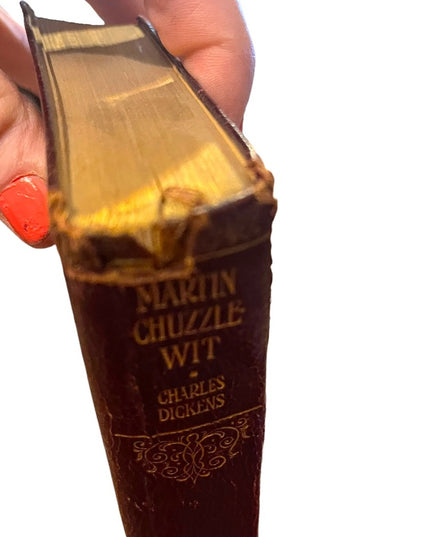 Antique 1908 Red Leather Collins UK Martin Chuzzlewit Charles Dickens gold let