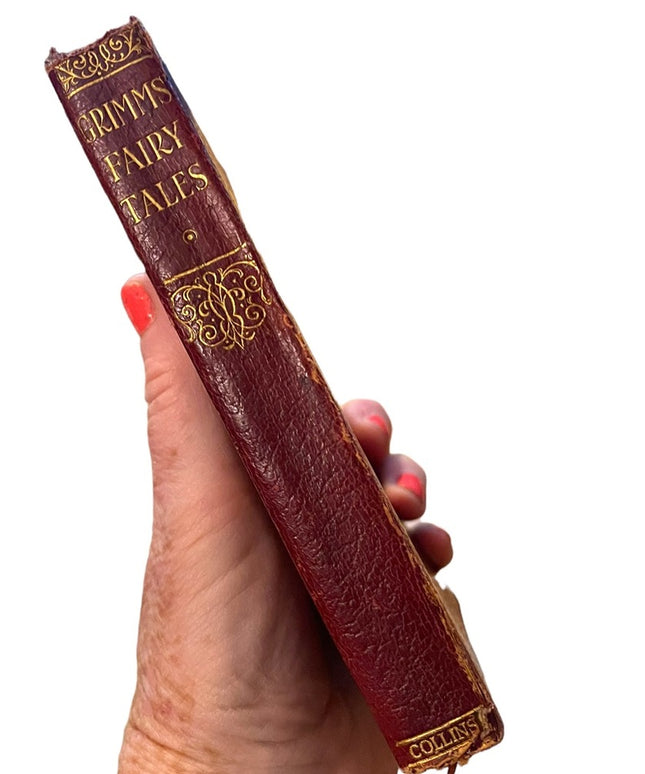 Antique Red Leather 1920 UK Collins Book Grimms Fairy Tales color illustrations