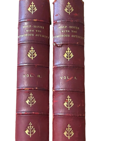 Antique 1800s Red Leather books Half Hours Humourous Authors Vol 1&2 complete