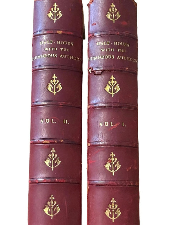 Antique 1800s Red Leather books Half Hours Humourous Authors Vol 1&2 complete
