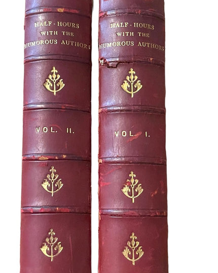 Antique 1800s Red Leather books Half Hours Humourous Authors Vol 1&2 complete